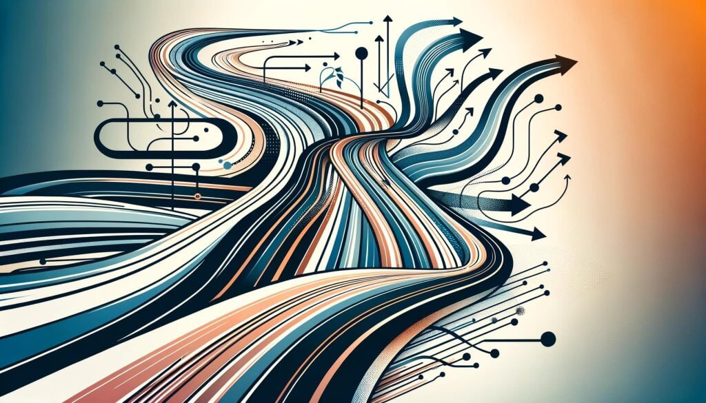 An abstract representation of evolving pathways with diverging and converging lines that illustrate GADx's journey from inception to its current state and towards future opportunities. The design symbolizes strategic shifts, growth, and evolution under different leaderships, using a combination of flowing paths that embody progression and innovation. The image conveys an optimistic tone, highlighting the company's continuous forward movement and adaptation through changes in leadership.